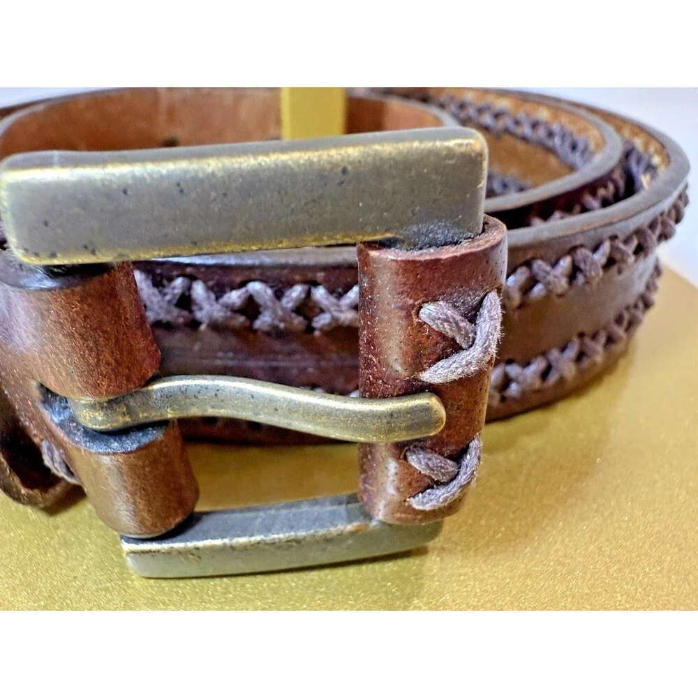 Dockers Brown Leather Belt Unisex Braided Brass Buckle Size L‎ Vintage 1990s
